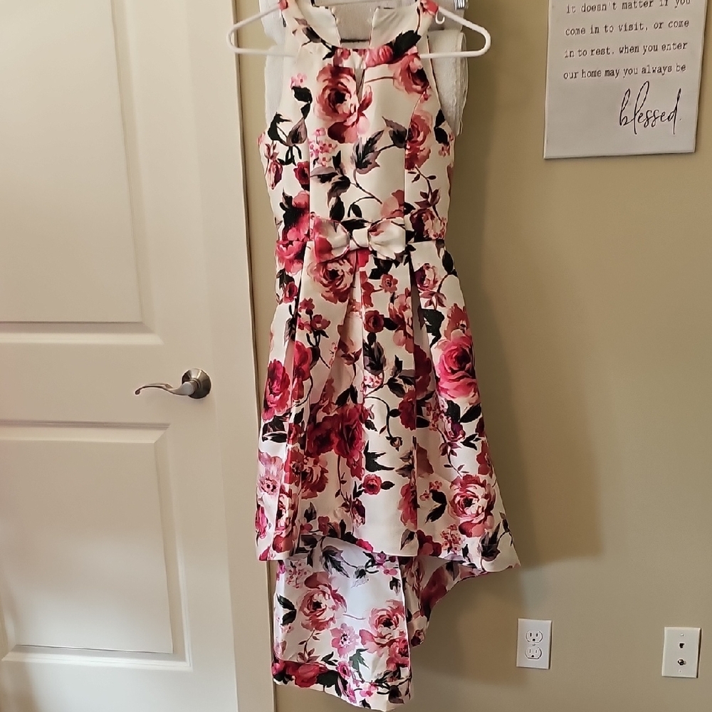 Speechless Kids Hi Low Floral Dress with Pink and Dark Green Accents